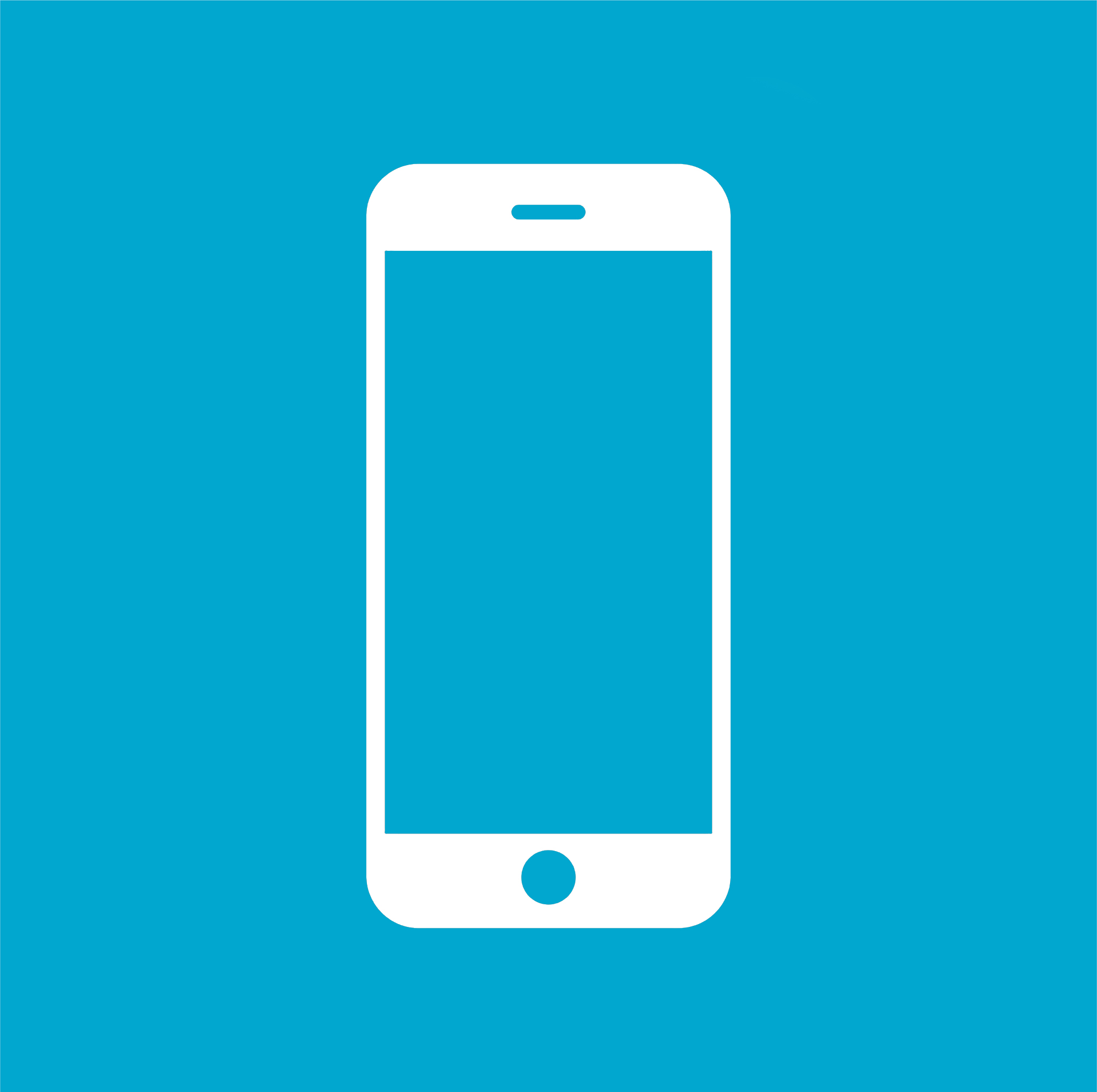 Blue and white image of a mobile phone outline.